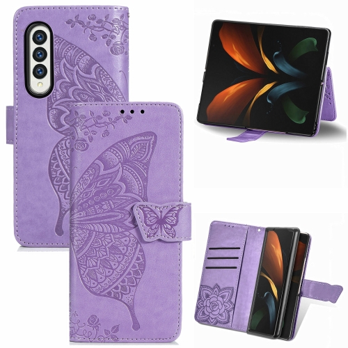 

For Samsung Galaxy Z Fold5 Butterfly Love Flower Embossed Leather Phone Case(Light Purple)