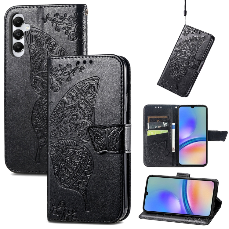 

For Samsung Galaxy A05s Butterfly Love Flower Embossed Leather Phone Case(Black)