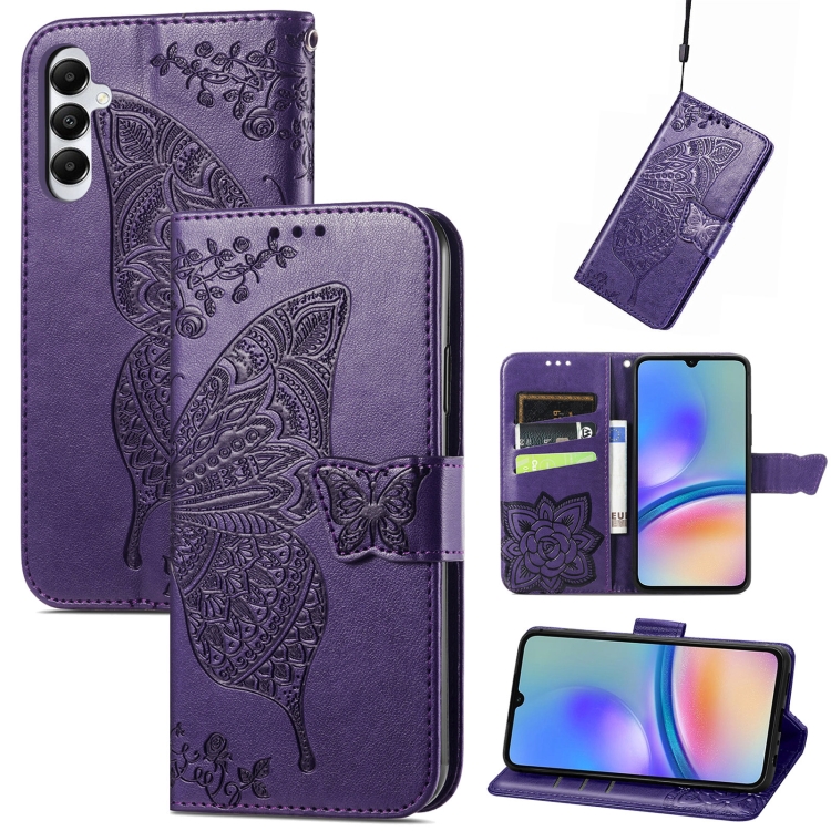 

For Samsung Galaxy A05s Butterfly Love Flower Embossed Leather Phone Case(Dark Purple)