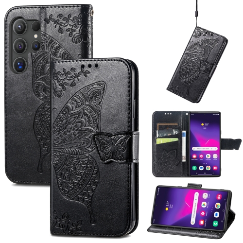 

For Samsung Galaxy S24 Ultra 5G Butterfly Love Flower Embossed Leather Phone Case(Black)