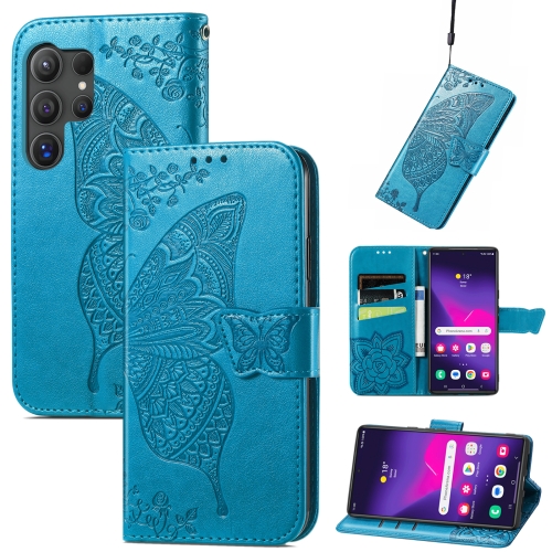 

For Samsung Galaxy S24 Ultra 5G Butterfly Love Flower Embossed Leather Phone Case(Blue)