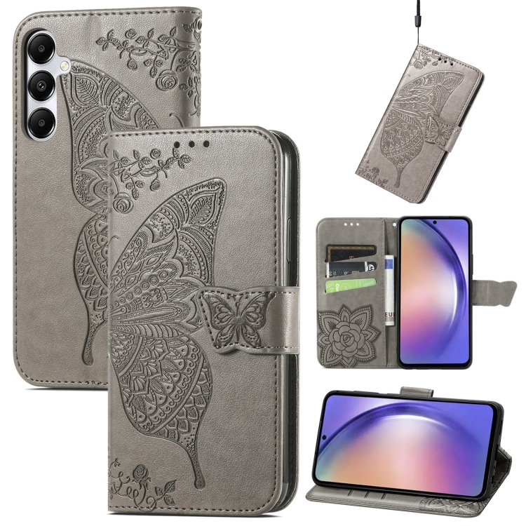 

For Samsung Galaxy A55 5G Butterfly Love Flower Embossed Leather Phone Case(Gray)