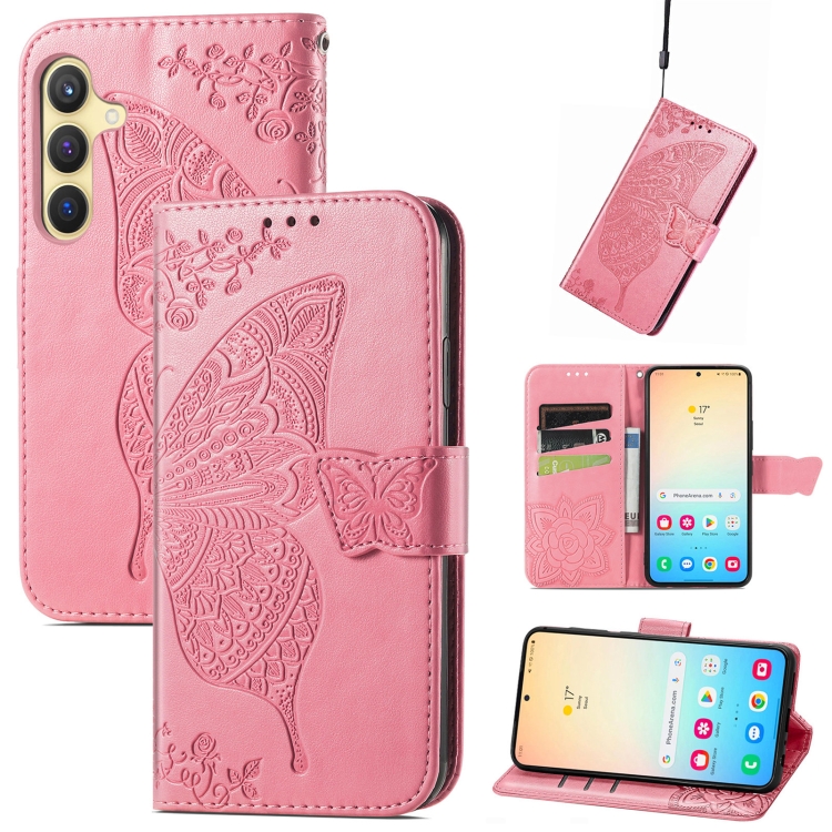 

For Samsung Galaxy S25+ 5G Butterfly Love Flower Embossed Leather Phone Case(Pink)