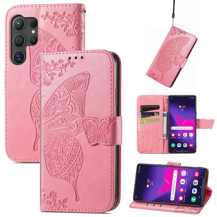 

For Samsung Galaxy S25 Ultra 5G Butterfly Love Flower Embossed Leather Phone Case(Pink)