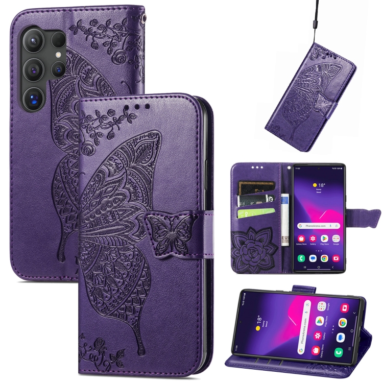 

For Samsung Galaxy S25 Ultra 5G Butterfly Love Flower Embossed Leather Phone Case(Dark Purple)