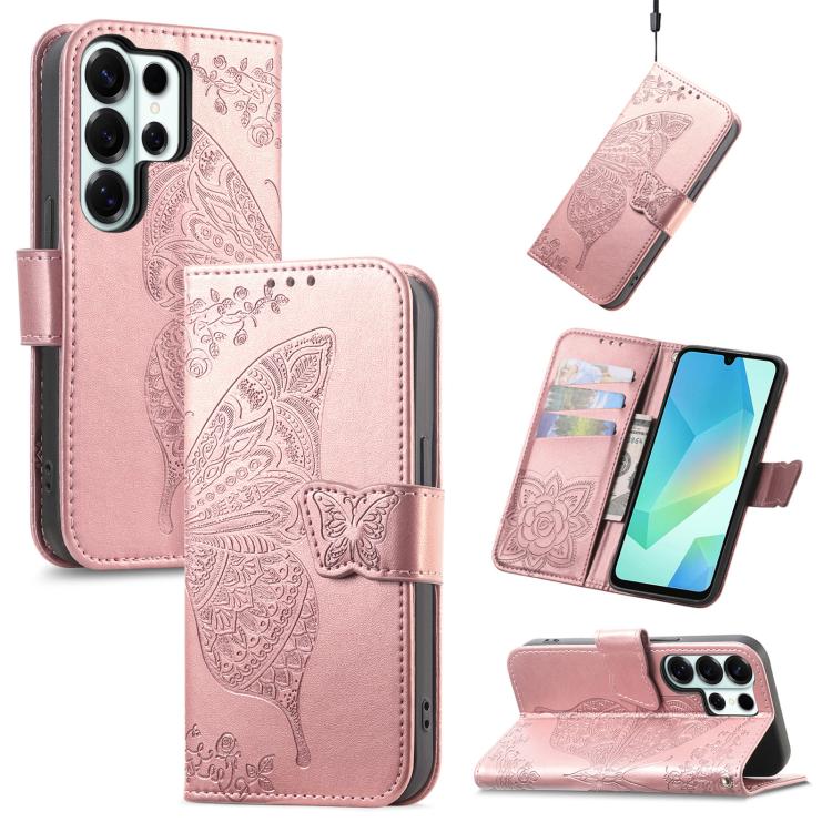 

For Samsung Galaxy S26 Ultra 5G Butterfly Love Flower Embossed Leather Phone Case(Rose Gold)