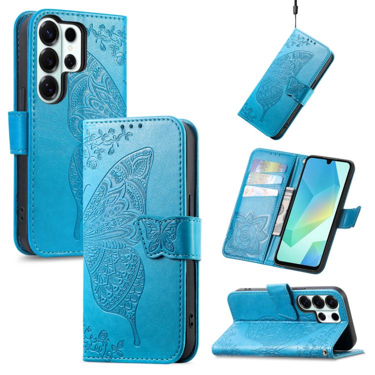 

For Samsung Galaxy S26 Ultra 5G Butterfly Love Flower Embossed Leather Phone Case(Blue)
