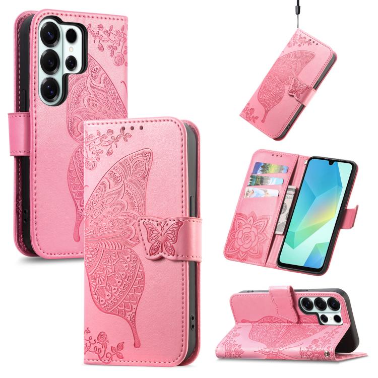 

For Samsung Galaxy S26 Ultra 5G Butterfly Love Flower Embossed Leather Phone Case(Pink)