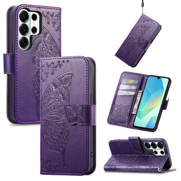 

For Samsung Galaxy S26 Ultra 5G Butterfly Love Flower Embossed Leather Phone Case(Dark Purple)