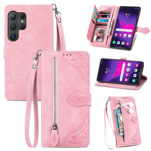 

For Samsung Galaxy S24 Ultra 5G Embossed Flower Zipper Leather Phone Case(Pink)