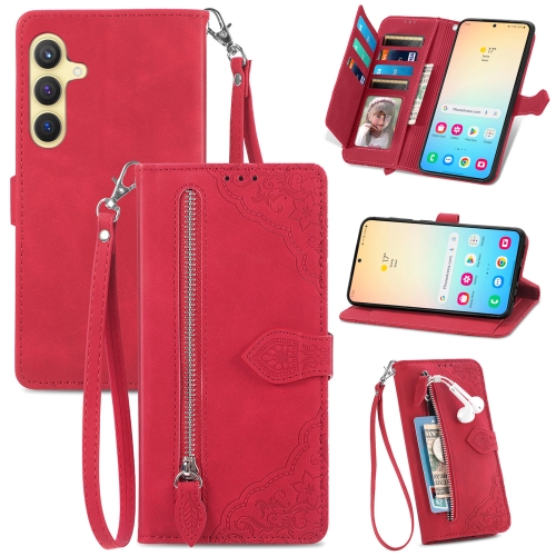 

For Samsung Galaxy S24+ 5G Embossed Flower Zipper Leather Phone Case(Red)