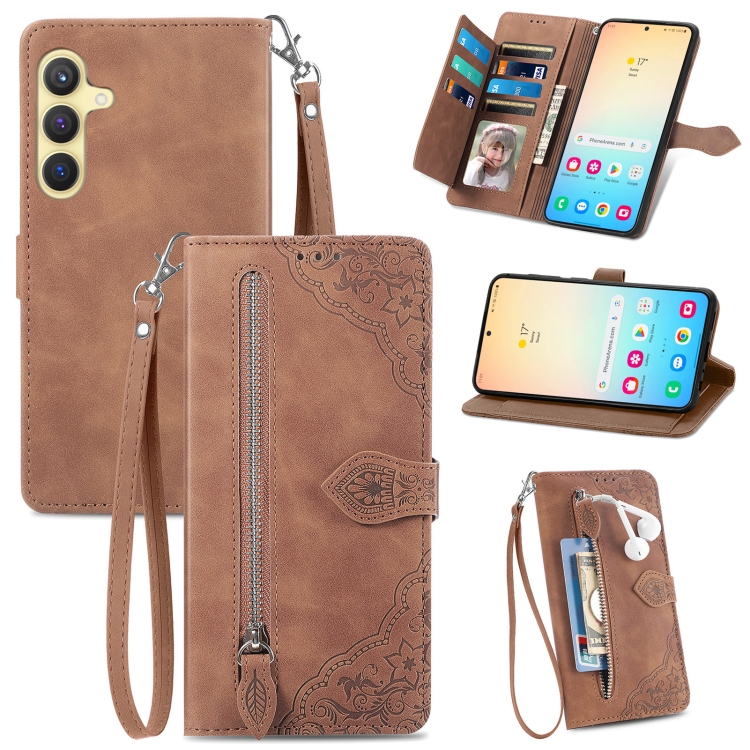 

For Samsung Galaxy S24 5G Embossed Flower Zipper Leather Phone Case(Brown)