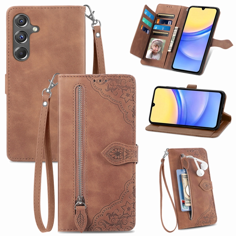 

For Samsung Galaxy A15 Embossed Flower Zipper Leather Phone Case(Brown)