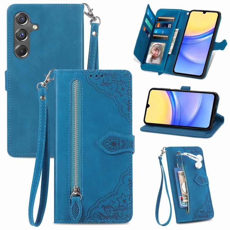 

For Samsung Galaxy A15 Embossed Flower Zipper Leather Phone Case(Blue)