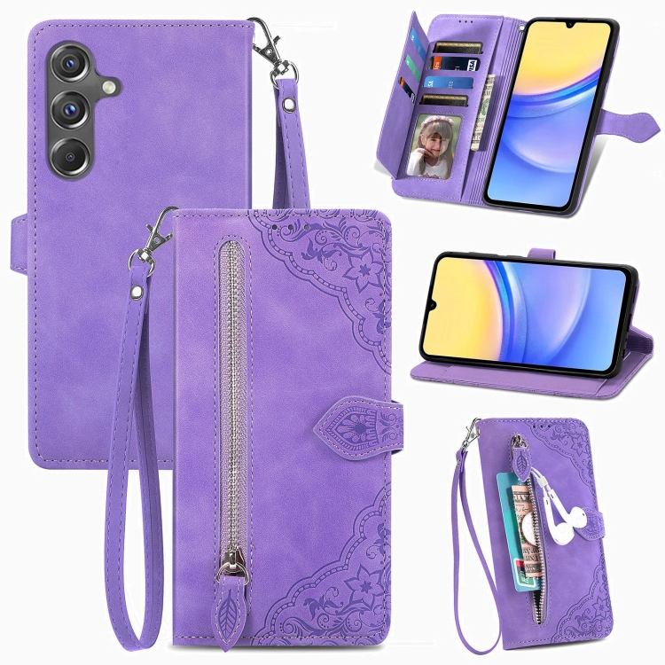 

For Samsung Galaxy A15 Embossed Flower Zipper Leather Phone Case(Purple)