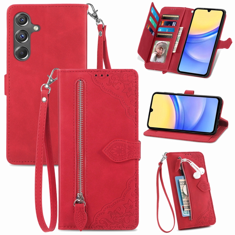

For Samsung Galaxy A15 Embossed Flower Zipper Leather Phone Case(Red)