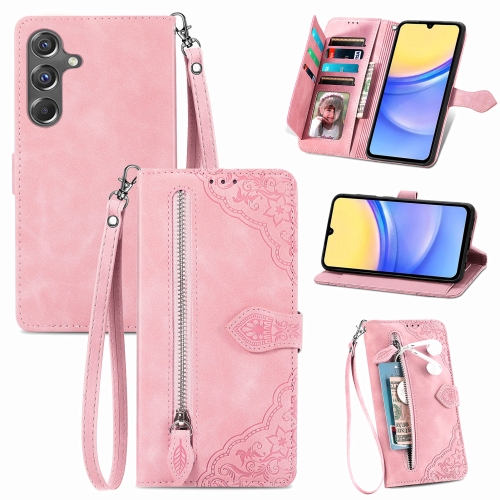 

For Samsung Galaxy A15 Embossed Flower Zipper Leather Phone Case(Pink)