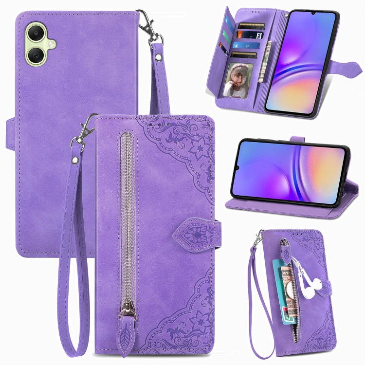 

For Samsung Galaxy A05 Embossed Flower Zipper Leather Phone Case(Purple)