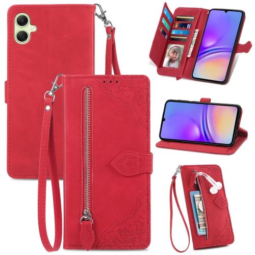 

For Samsung Galaxy A05 Embossed Flower Zipper Leather Phone Case(Red)