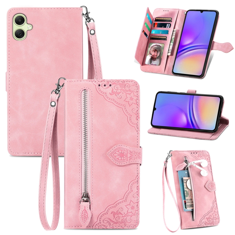 

For Samsung Galaxy A05 Embossed Flower Zipper Leather Phone Case(Pink)