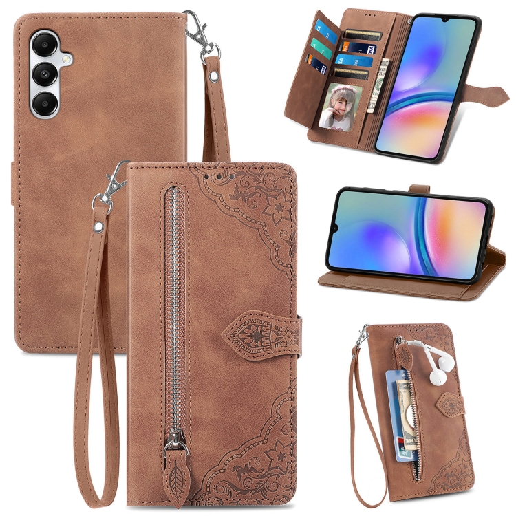 

For Samsung Galaxy A05s Embossed Flower Zipper Leather Phone Case(Brown)