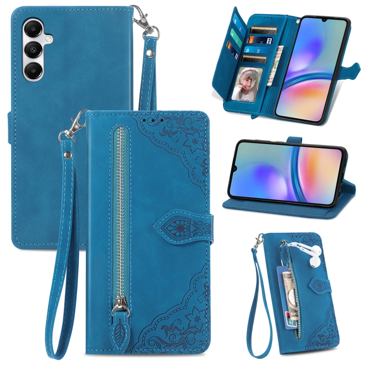

For Samsung Galaxy A05s Embossed Flower Zipper Leather Phone Case(Blue)