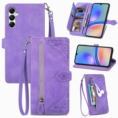 

For Samsung Galaxy A05s Embossed Flower Zipper Leather Phone Case(Purple)