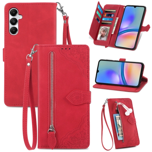 

For Samsung Galaxy A05s Embossed Flower Zipper Leather Phone Case(Red)