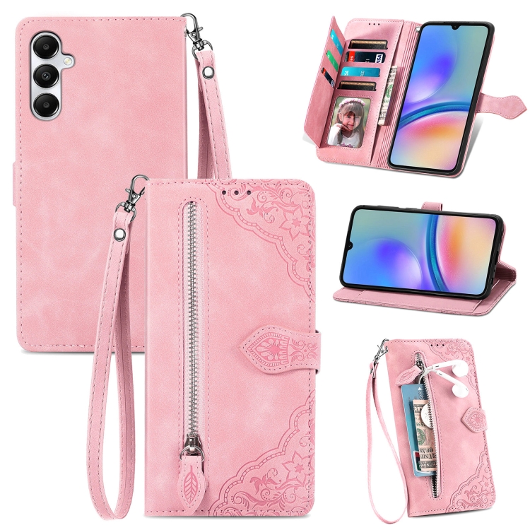 

For Samsung Galaxy A05s Embossed Flower Zipper Leather Phone Case(Pink)