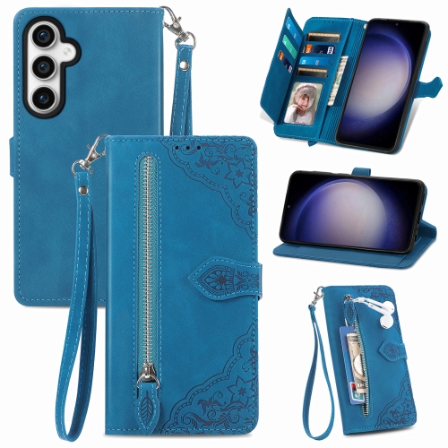 

For Samsung Galaxy S23 FE 5G Embossed Flower Zipper Leather Phone Case(Blue)