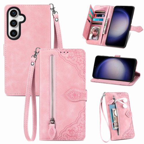 

For Samsung Galaxy S23 FE 5G Embossed Flower Zipper Leather Phone Case(Pink)