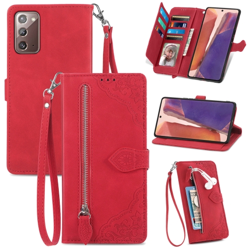 

For Samsung Galaxy Note20 Embossed Flower Zipper Leather Phone Case(Red)