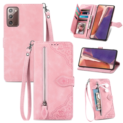 

For Samsung Galaxy Note20 Embossed Flower Zipper Leather Phone Case(Pink)