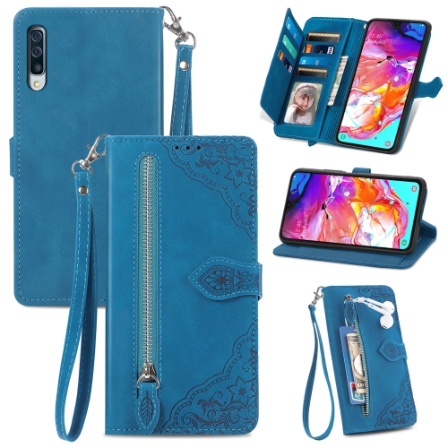 

For Samsung Galaxy A70 Embossed Flower Zipper Leather Phone Case(Blue)