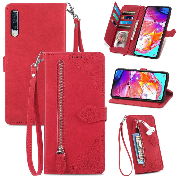

For Samsung Galaxy S24 Ultra 5G Embossed Flower Zipper Leather Phone Case(Red)