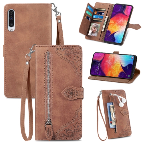 

For Samsung Galaxy A50 Embossed Flower Zipper Leather Phone Case(Brown)