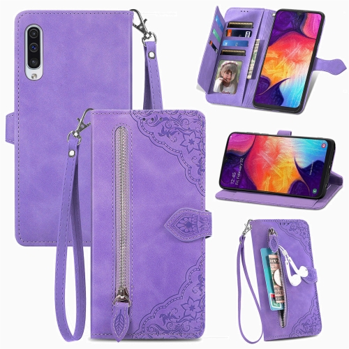 

For Samsung Galaxy A50 Embossed Flower Zipper Leather Phone Case(Purple)