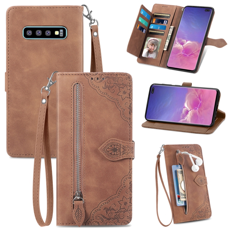 

For Samsung Galaxy S10+ Embossed Flower Zipper Leather Phone Case(Brown)