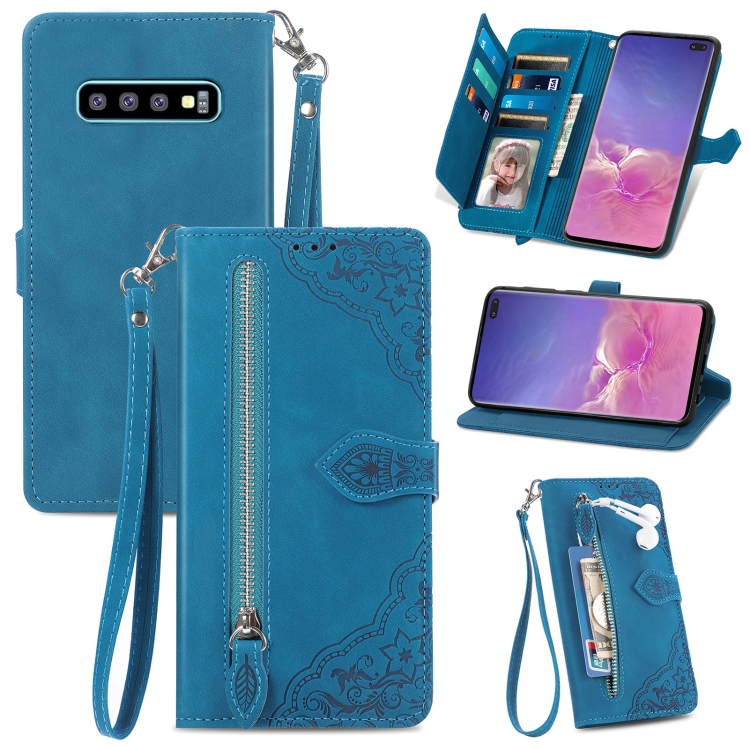 

For Samsung Galaxy S10+ Embossed Flower Zipper Leather Phone Case(Blue)