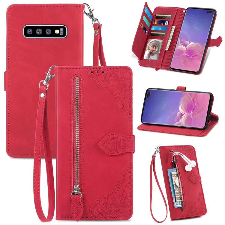 

For Samsung Galaxy S10+ Embossed Flower Zipper Leather Phone Case(Red)