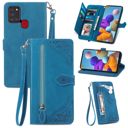 

For Samsung Galaxy A24s Embossed Flower Zipper Leather Phone Case(Blue)