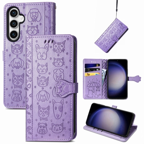 

For Samsung Galaxy S23 FE 5G Cat and Dog Embossed Leather Phone Case(Purple)