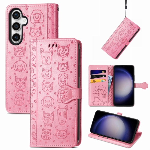 

For Samsung Galaxy S23 FE 5G Cat and Dog Embossed Leather Phone Case(Pink)