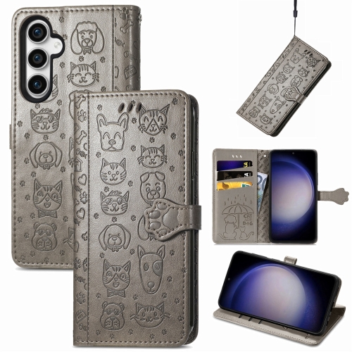 

For Samsung Galaxy S23 FE 5G Cat and Dog Embossed Leather Phone Case(Gray)