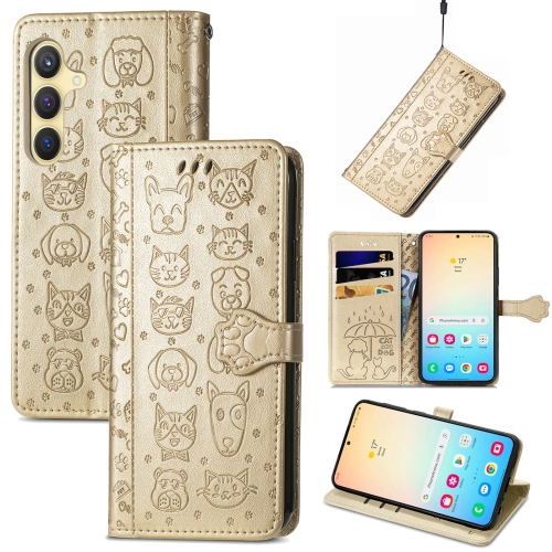 

For Samsung Galaxy S24 5G Cat and Dog Embossed Leather Phone Case(Gold)