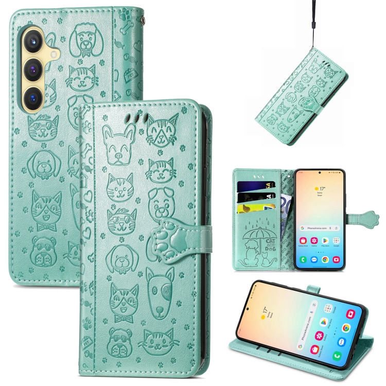 

For Samsung Galaxy S24+ 5G Cat and Dog Embossed Leather Phone Case(Green)