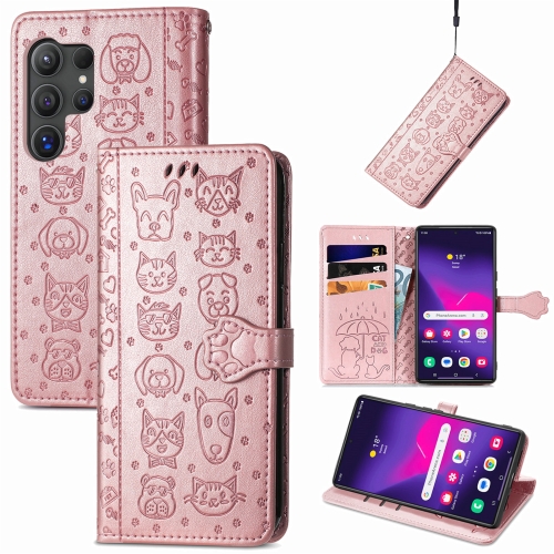 

For Samsung Galaxy S24 Ultra 5G Cat and Dog Embossed Leather Phone Case(Rose Gold)