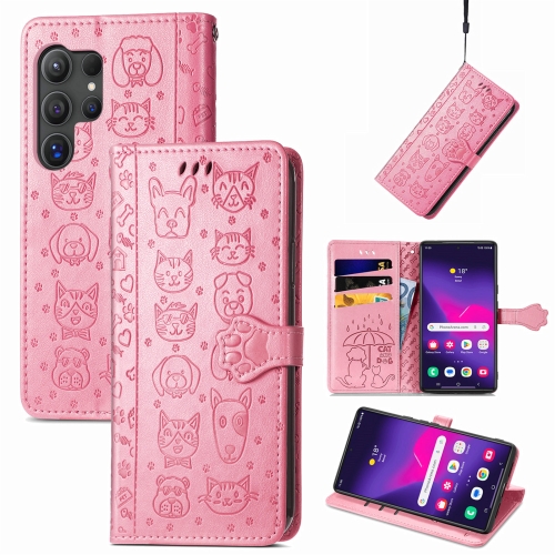 

For Samsung Galaxy S24 Ultra 5G Cat and Dog Embossed Leather Phone Case(Pink)