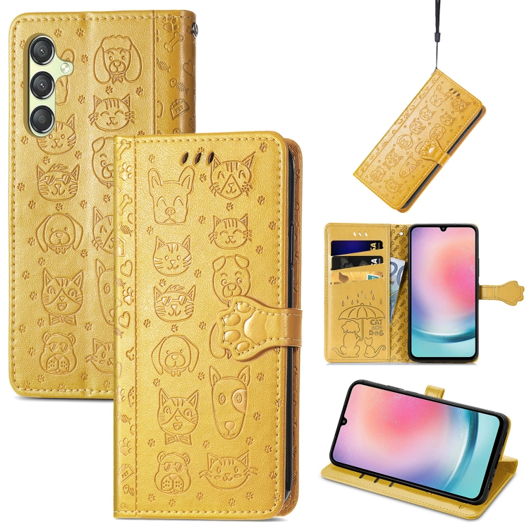 

For Samsung Galaxy A25 5G Cat and Dog Embossed Leather Phone Case(Yellow)