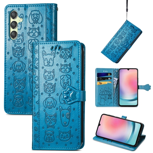 

For Samsung Galaxy A25 5G Cat and Dog Embossed Leather Phone Case(Blue)